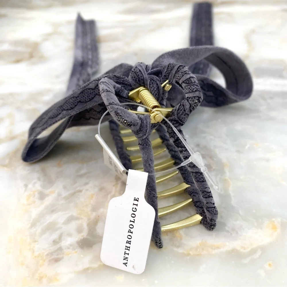 Anthropologie Set of 3 Ribbon Gold Claw Hair Clips Olive + Gray + Burgundy NWT